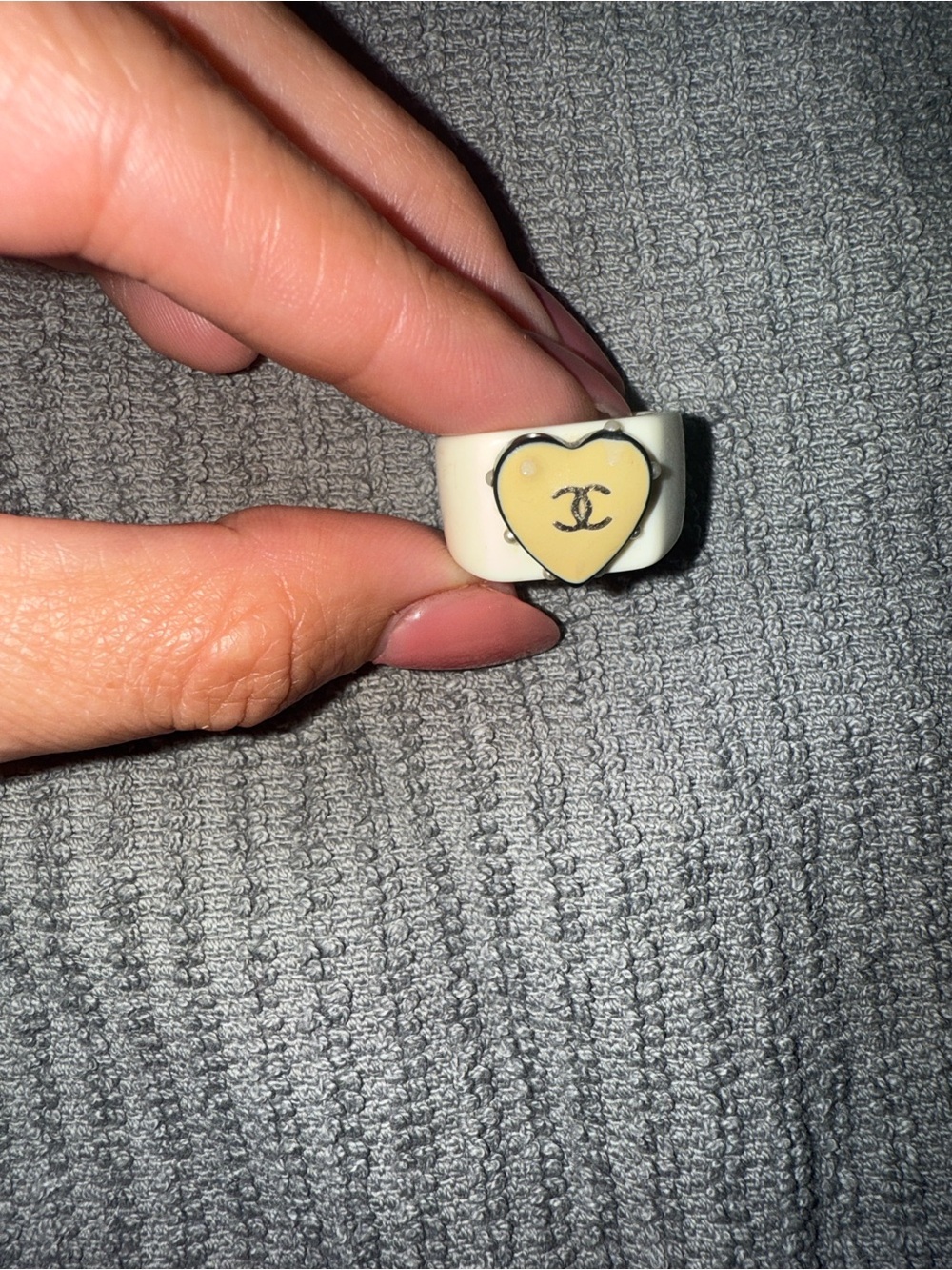 RARE VINTAGE 2003 CHANEL White Resin Ring with Yellow Heart Logo
